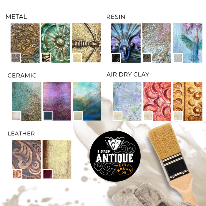 Metal, Resin, Ceramic, Air Dry Clay, Leather antique finish samples.