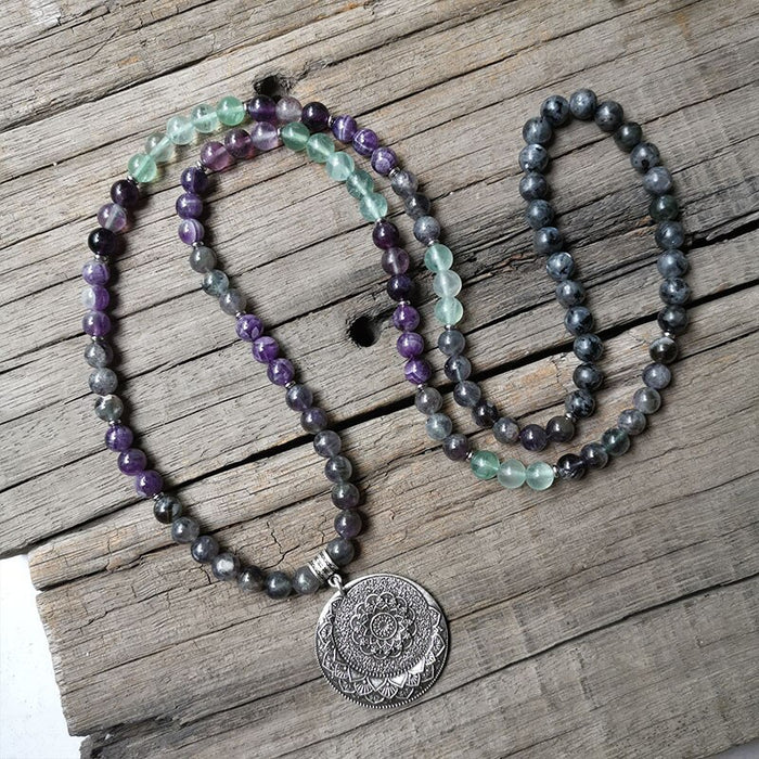 108 Natural Amethyst, Fluorite & Labradorite Mala Bead Necklace / Bracelet