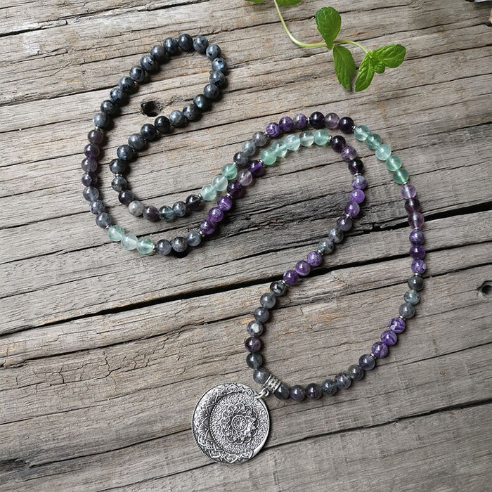 108 Natural Amethyst, Fluorite & Labradorite Mala Bead Necklace / Bracelet