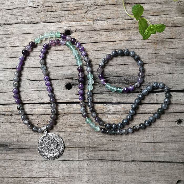108 Natural Amethyst, Fluorite & Labradorite Mala Bead Necklace / Bracelet