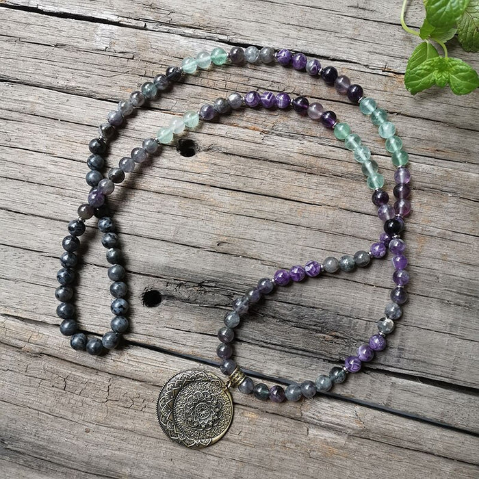 108 Natural Amethyst, Fluorite & Labradorite Mala Bead Necklace / Bracelet