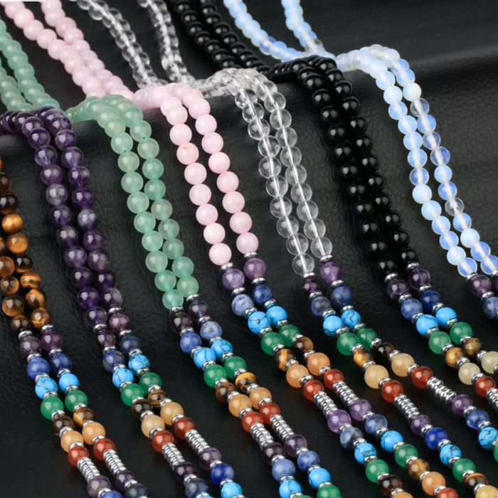 108 Natural Black Obsidian and Chakras Beads Necklace with Tree of Life