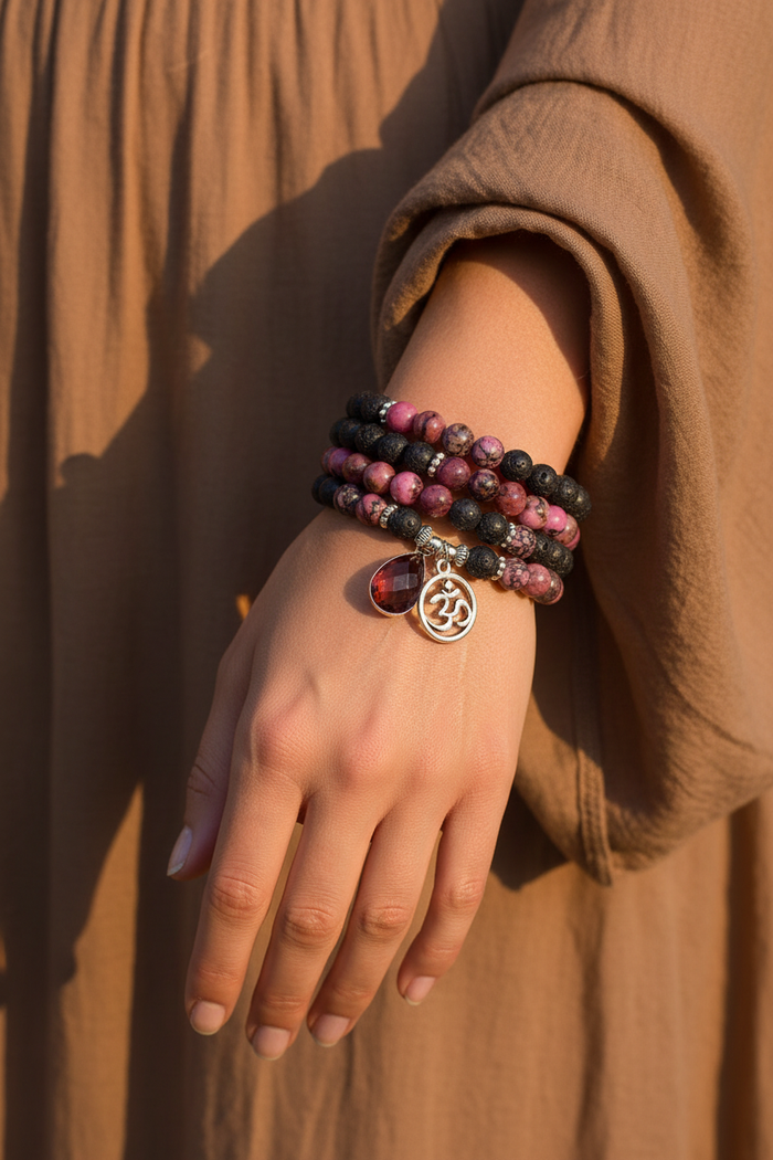 Model wearing Rhodonite & Lava Stone Om Mala