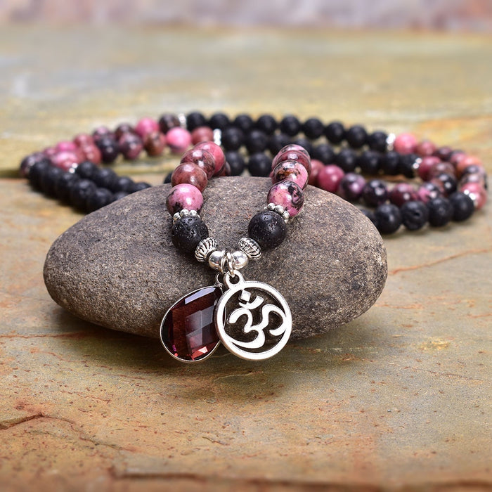 108 Natural Lava Stone, Rhodonite Mala Beads & Om Charm Necklace / Bracelet