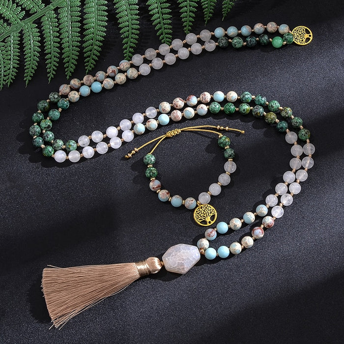108 White Jade, African Turquoise and Emperor Jasper Beads Mala Necklace / Bracelet