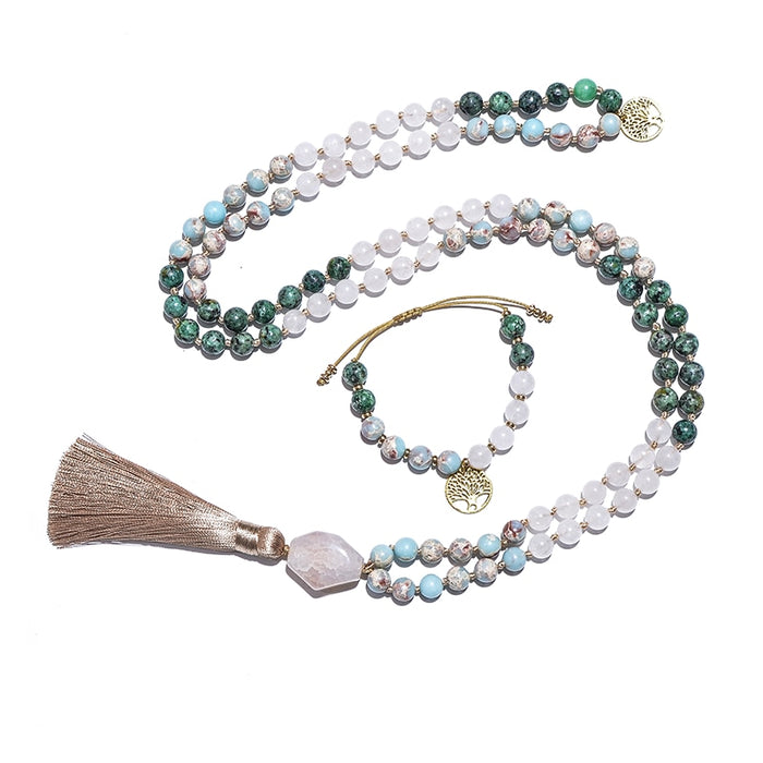 108 White Jade, African Turquoise and Emperor Jasper Beads Mala Necklace / Bracelet