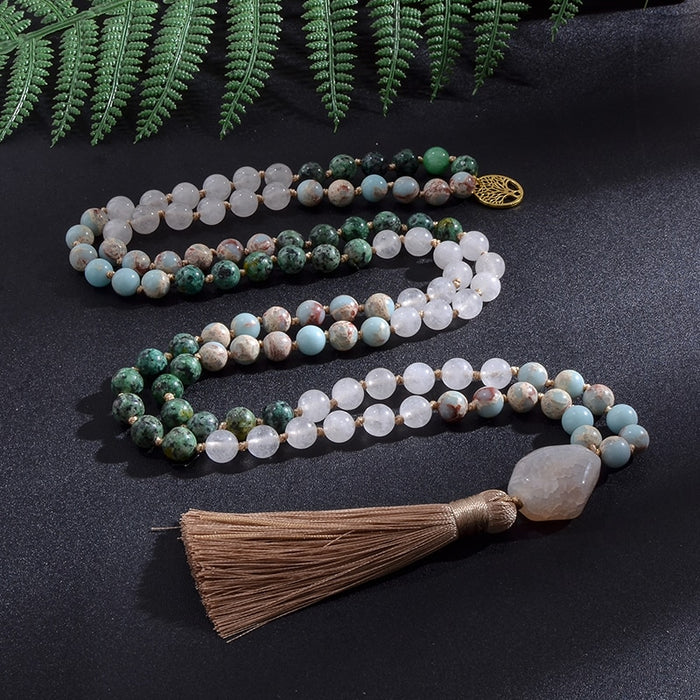 108 White Jade, African Turquoise and Emperor Jasper Beads Mala Necklace / Bracelet