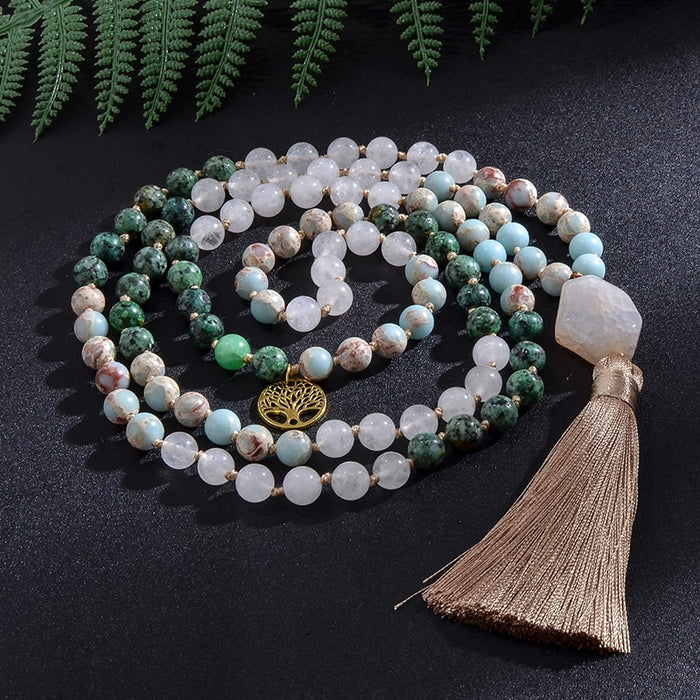 108 White Jade, African Turquoise and Emperor Jasper Beads Mala Necklace / Bracelet