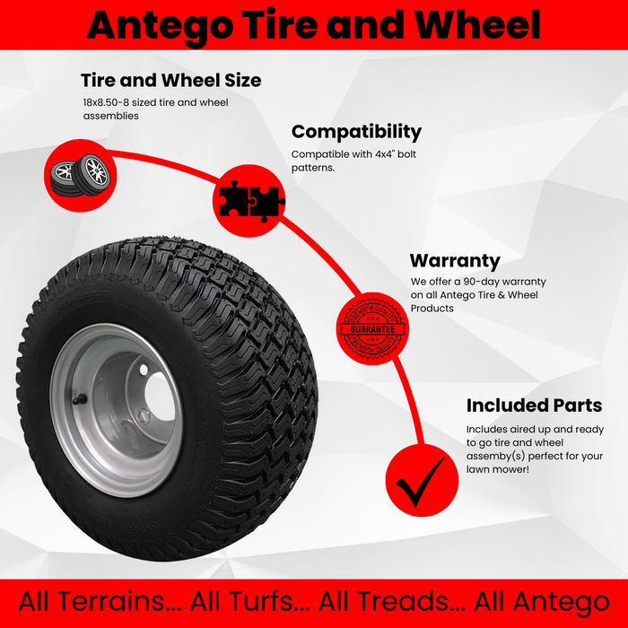 18x8.50-8 Hustler Drive Wheel & Tire Set of 2 (P/N 604013, 783134, 601810)