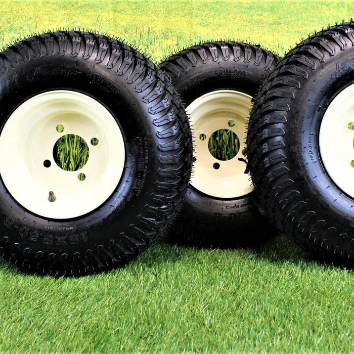 18X8.50-8" Turf Tires 4 Ply with 8x7 Beige/Tan Steel Golf Cart Wheel Assemblies ATW-003 (Set of 4)