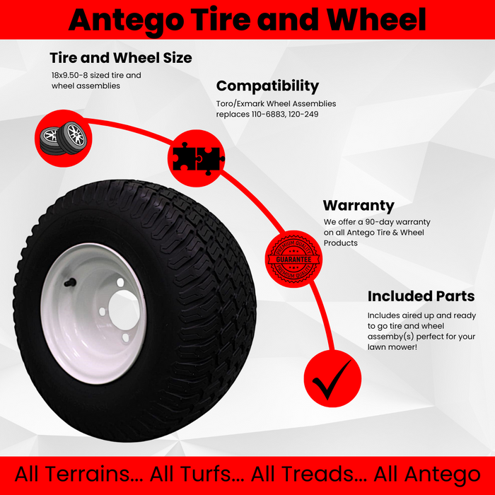 (2) 18x9.50-8 Drive Wheel & Tire Assemblies For TimeCutter 5000 Series & Exmark Quest Model QTE708GEM50200