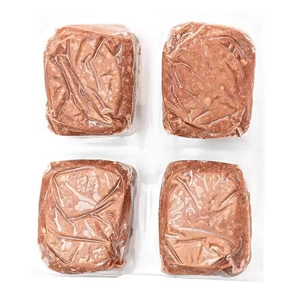 Four vacuum-sealed portions of 3P Basic Instinct Non-Medicated Rabbit with Organ and Bone for Cats, showcasing tidy, freezer-friendly raw meal packs for cats.