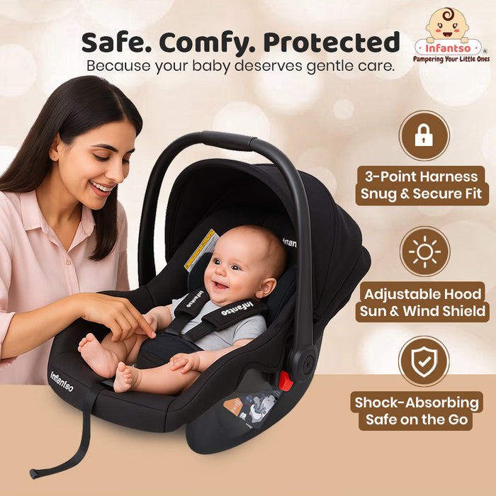 4‑in‑1 Baby Carry Cot Amora | Lightweight, Safety‑Certified 3‑Point Harness | Adjustable Handle, Shock‑Absorbing Base & Newborn Soft Cushion Support Upto 13 Kgs