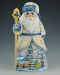 6 inch Gray and Blue Russian Santa with Staff and Church Scene
