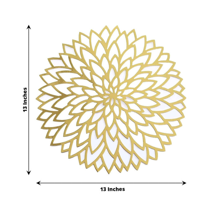Gold floral table decor, 13 inches diameter, intricate cutout design.