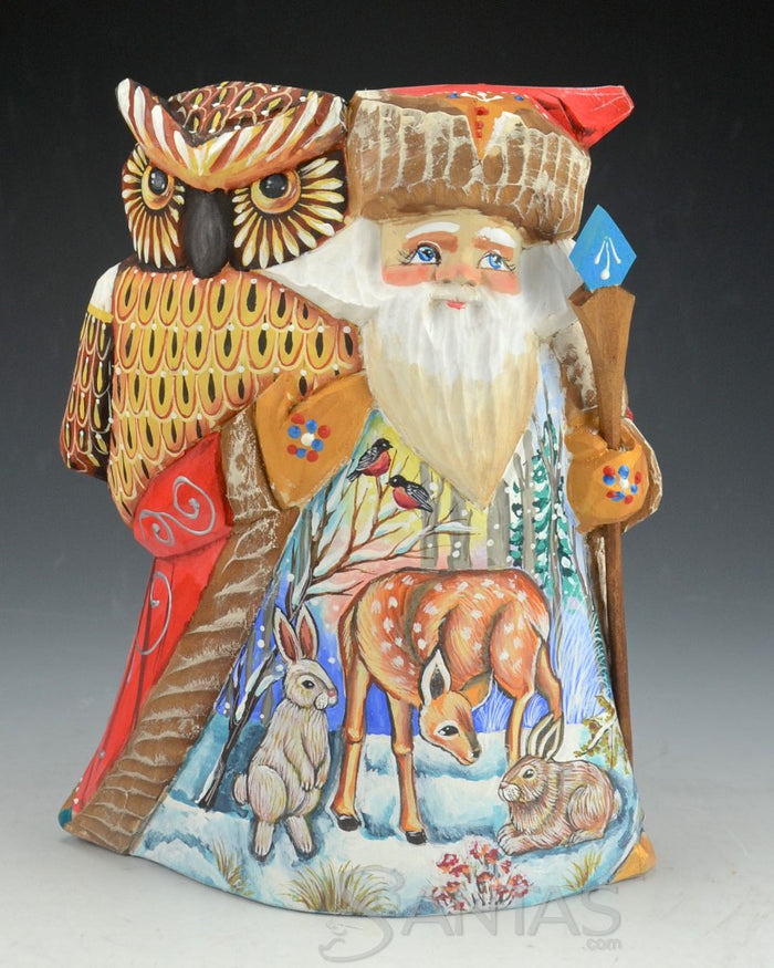 7 inch Russian Santa with Carved Owl and Forest Animals