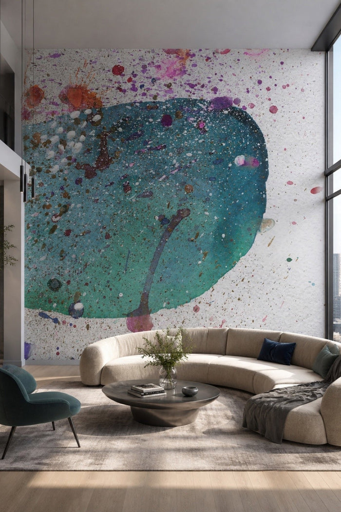 Abstract Paint Splat 3 wall mural in a modern living room behind a curved sofa and coffee table