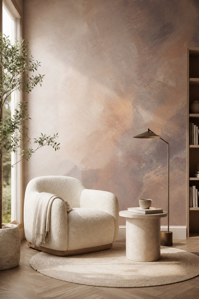 Abstract Provence wall mural installed in a living room behind an armchair