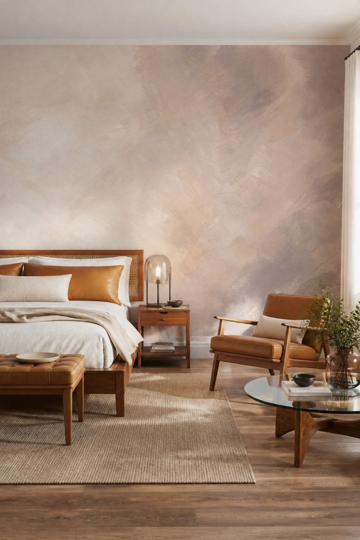 Abstract Provence wall mural installed behind a bed in a warm modern bedroom