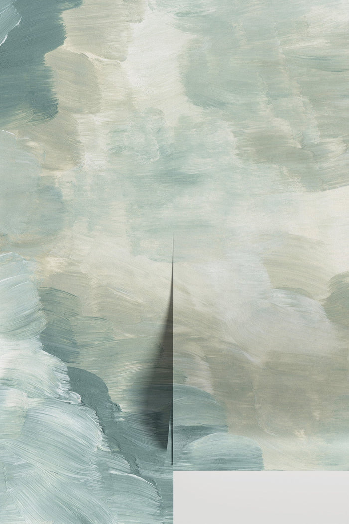 Abstract Taiga #1 wall mural shown as a two-panel installation in a kitchen and dining space