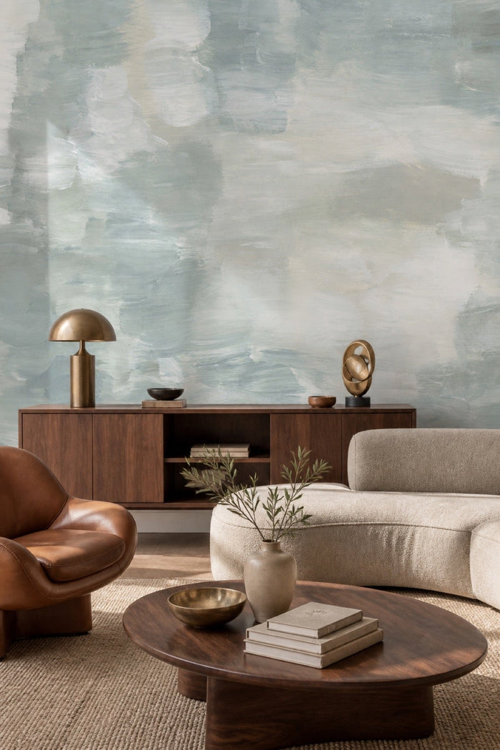 Abstract Taiga #2 wall mural in a modern living room with leather chair, walnut sideboard, and brass lamp