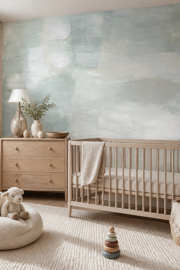 Abstract Taiga #2 wall mural in a neutral nursery with a wood spindle crib and dresser