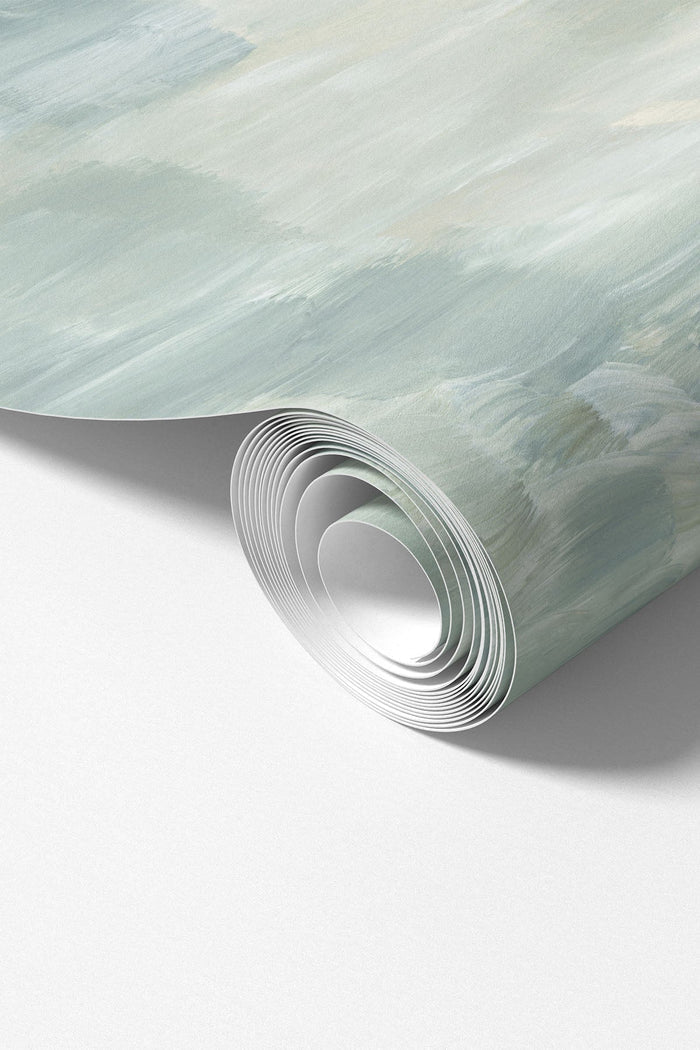 Abstract Taiga #2 wallpaper roll showing the green and blue abstract brushstroke pattern