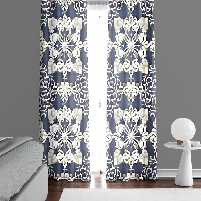 Abstract Window Curtain - Beige and Steel Blue Demask Medallions - Deja Blue Studios