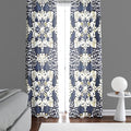 Abstract Window Curtain - Beige and Steel Blue Demask Medallions - Deja Blue Studios