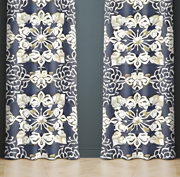 Abstract Window Curtain - Beige and Steel Blue Demask Medallions - Deja Blue Studios