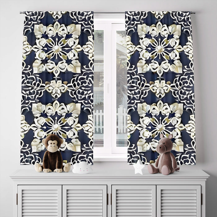 Abstract Window Curtain - Beige and Steel Blue Demask Medallions - Deja Blue Studios