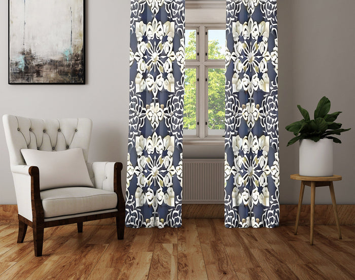 Abstract Window Curtain - Beige and Steel Blue Demask Medallions - Deja Blue Studios