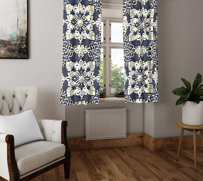 Abstract Window Curtain - Beige and Steel Blue Demask Medallions - Deja Blue Studios