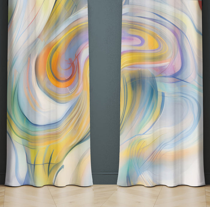 Abstract Window Curtain - Blue and Yellow Watercolor Swirls - Deja Blue Studios