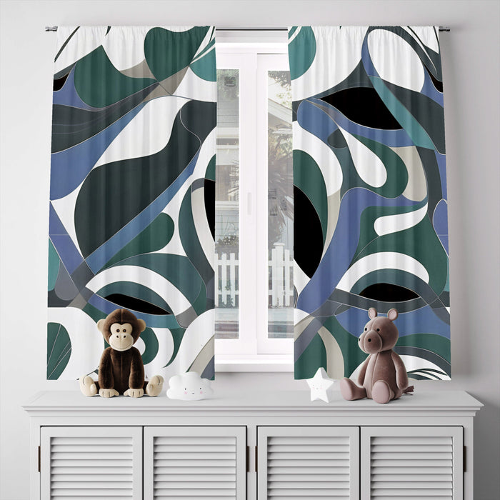 Abstract Window Curtain - Emerald Green and Steel Blue Painted Swirls - Deja Blue Studios