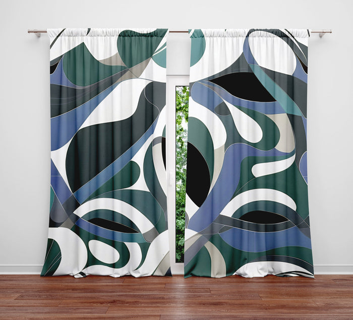 Abstract Window Curtain - Emerald Green and Steel Blue Painted Swirls - Deja Blue Studios