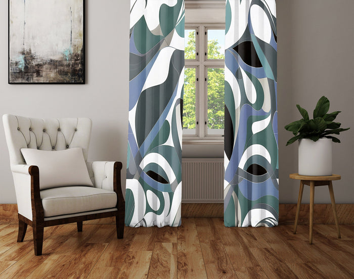 Abstract Window Curtain - Emerald Green and Steel Blue Painted Swirls - Deja Blue Studios