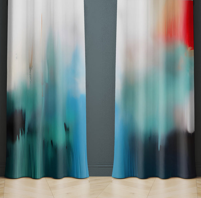 Abstract Window Curtain - Hazy Morning Red and Blue Cityscape - Deja Blue Studios