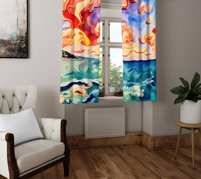Abstract Window Curtain - Orange and Blue Sunset Oceanside - Deja Blue Studios