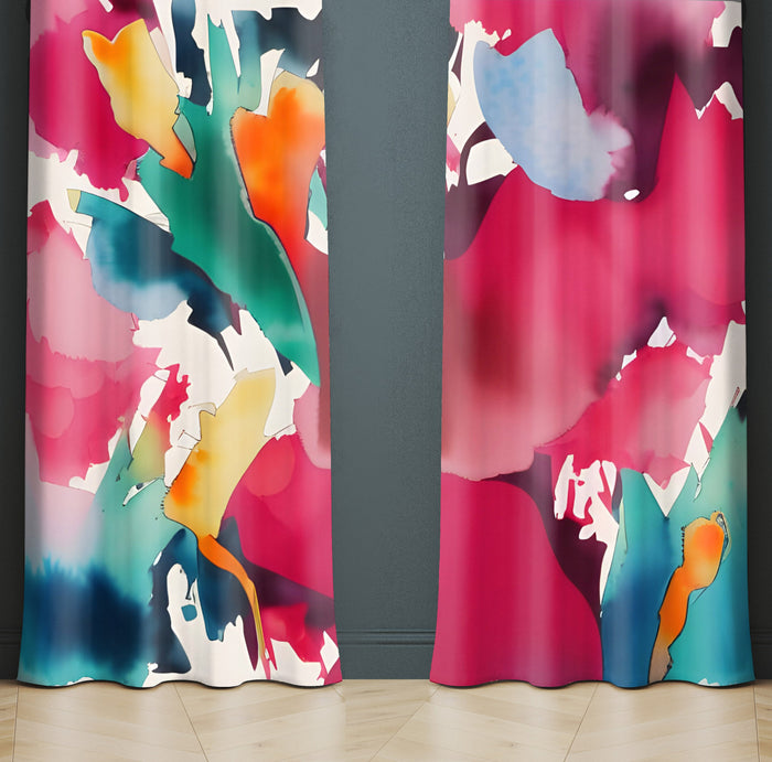 Abstract Window Curtain - Pink and Blue Faux Alcohol Ink Splatters - Deja Blue Studios