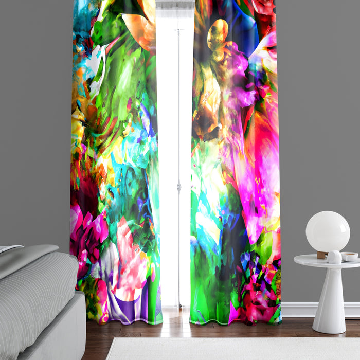 Abstract Window Curtain - Rainbow Watercolor Neon Flowers - Deja Blue Studios
