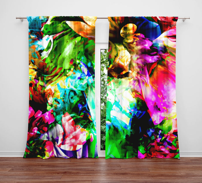 Abstract Window Curtain - Rainbow Watercolor Neon Flowers - Deja Blue Studios