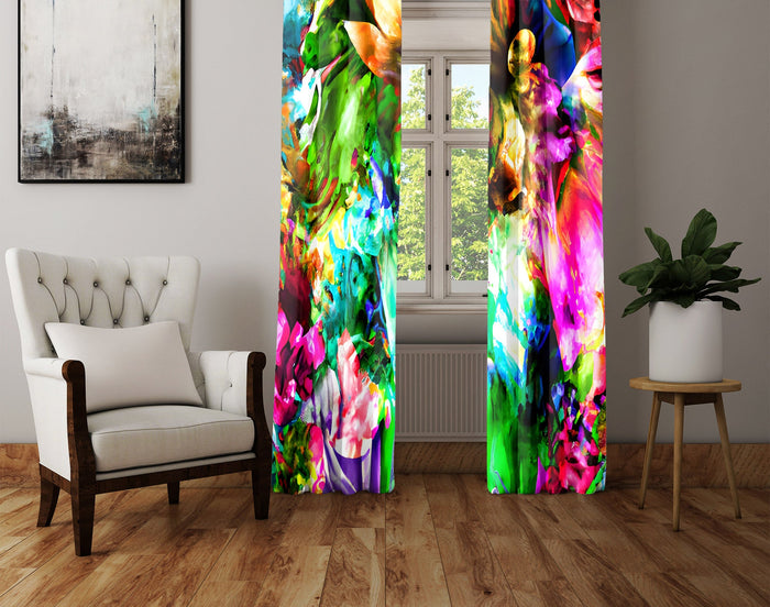 Abstract Window Curtain - Rainbow Watercolor Neon Flowers - Deja Blue Studios