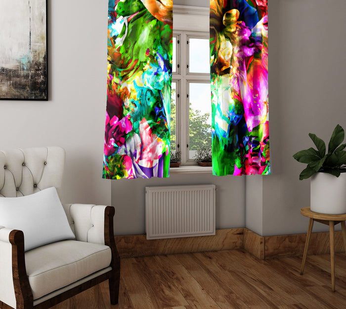 Abstract Window Curtain - Rainbow Watercolor Neon Flowers - Deja Blue Studios