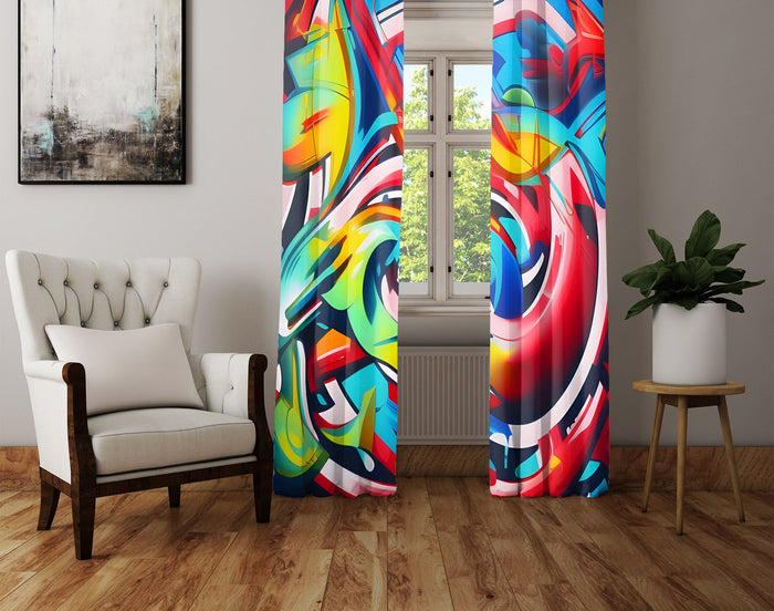 Abstract Window Curtain - Red, Blue, and Green Neon Light Swirls - Deja Blue Studios