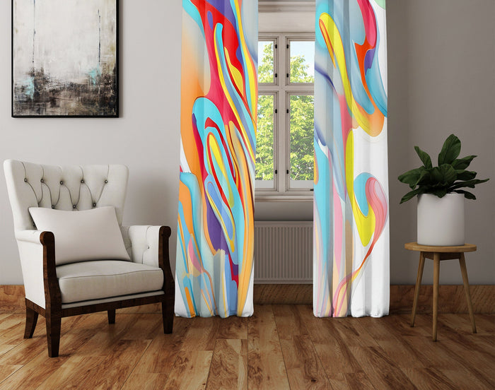 Abstract Window Curtain - Red, Yellow, and Gray Primary Painted Swirls - Deja Blue Studios