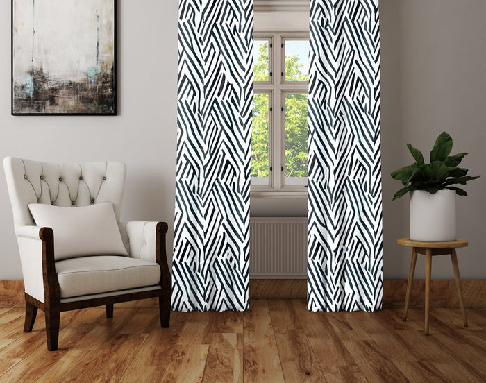 Abstract Window Curtain - Watercolor Black and White Cross Hatch Pattern - Deja Blue Studios