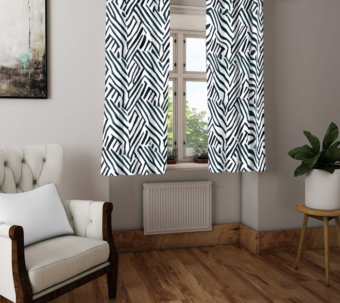 Abstract Window Curtain - Watercolor Black and White Cross Hatch Pattern - Deja Blue Studios