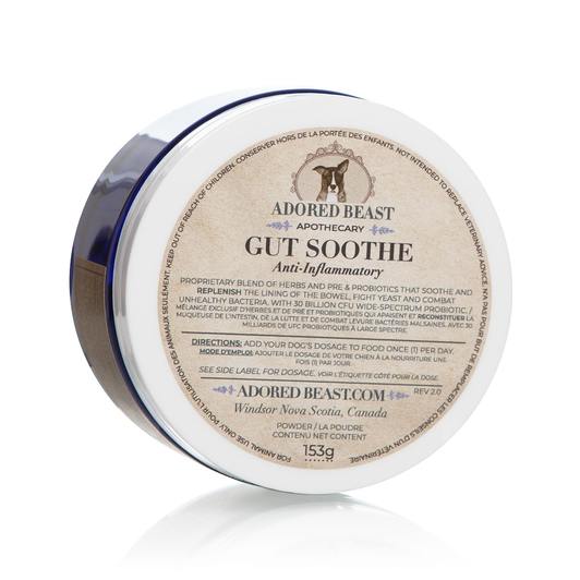 Adored Beast Leaky Gut Protocol - 5 Product Set includes Gut Soothe, a 153 g jar of anti-inflammatory probiotic powder for dogs, supporting gut health.