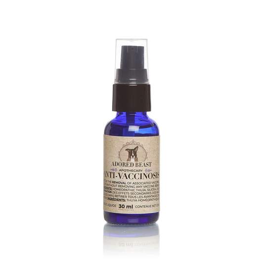 Adored Beast Leaky Gut Protocol - 5 Product Set includes a 30 ml cobalt-blue Anti-Vaccinosis spray bottle, aiding in addressing vaccine side effects.